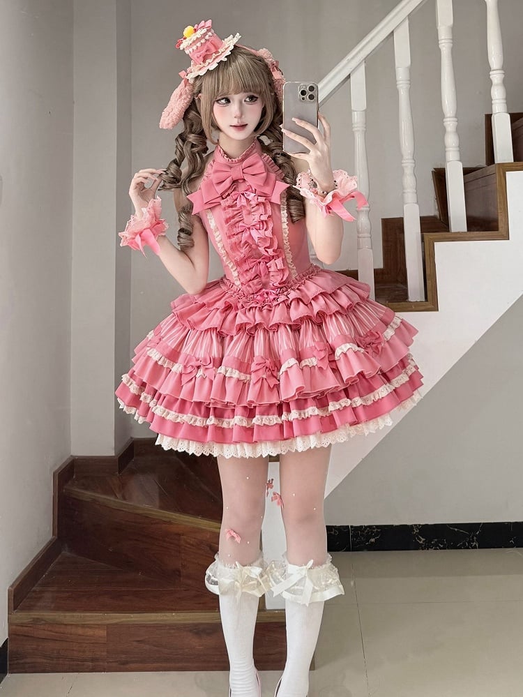 Neck Rose Skirt Sweet Ruffle Idol Lolita Accents Halter Dress Pink Bow Tiered