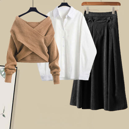 Cross Knit Sweater Lapel Shirt Pleated Skirt Set