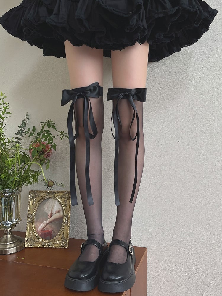 Milk White/Black Bowknot Semi-sheer Stockings Overknee Design