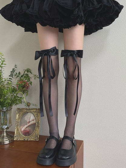 Milk White/Black Bowknot Semi-sheer Stockings Overknee Design