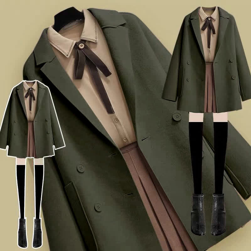 Shirt Pleated Skirt Pocket Wool Jacket Coat