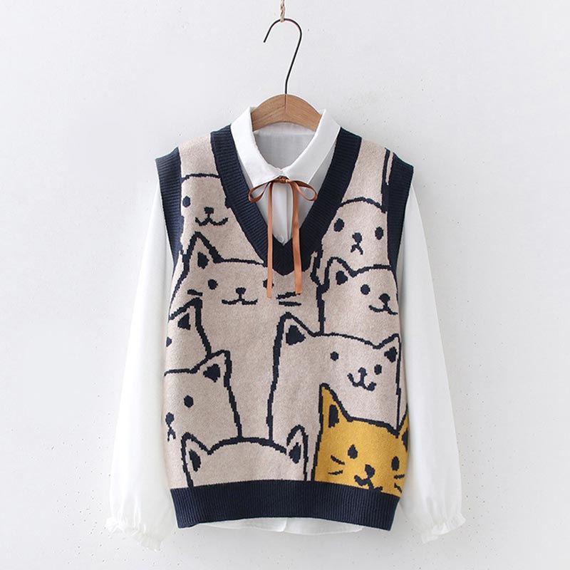 Cute Kitty Print Vest Lace Up Shirt Set