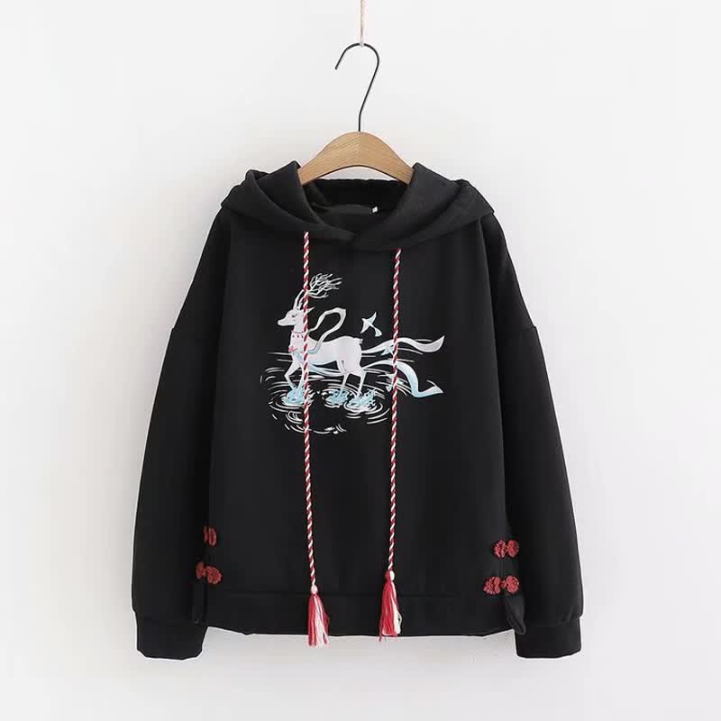 Vintage Deer Print Buckle Plush Hoodie