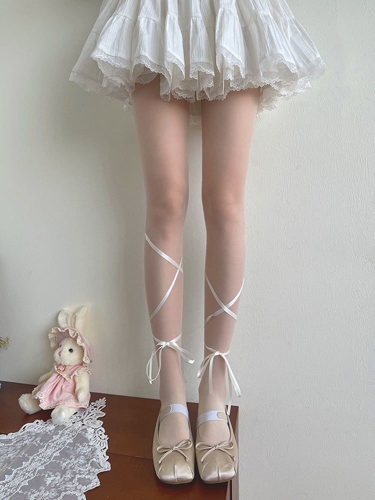Self-tie Tights Lolita Semi-sheer Straps White