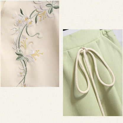 Flower Embroidery Sweatshirt Lace Up Skirt