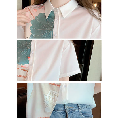 Irregular Lotus Print Short Sleeve Chiffon Lapel Shirt