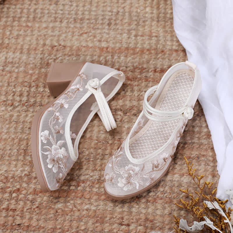 Vintage Floral Embroidery Mesh High Heel Shoes