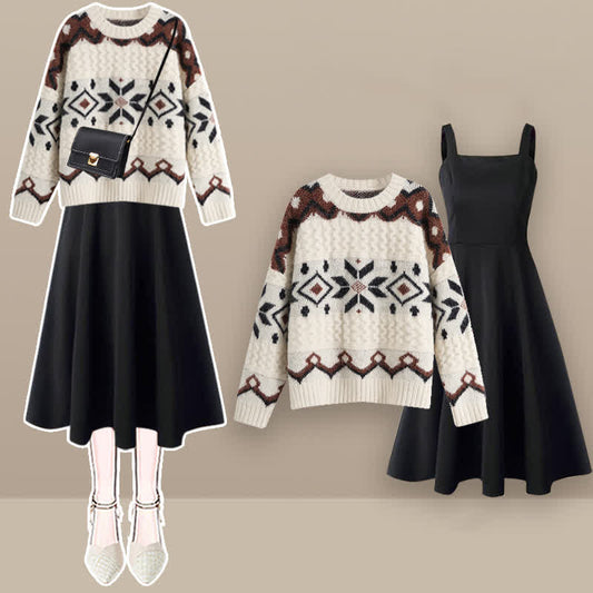 Colorblock Round Collar SweaterMidi Skirt