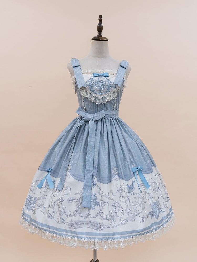 Blue Jumper Floral and Titmouse Print Skirt Lolita