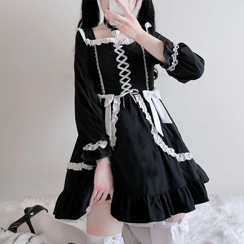 Black Lace Up Lolita Bow-Knot Maid Dress