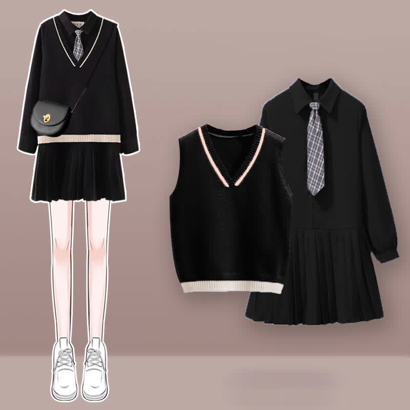 Chic Knit Vest Lapel Tie Pleated Shirt Dress Set