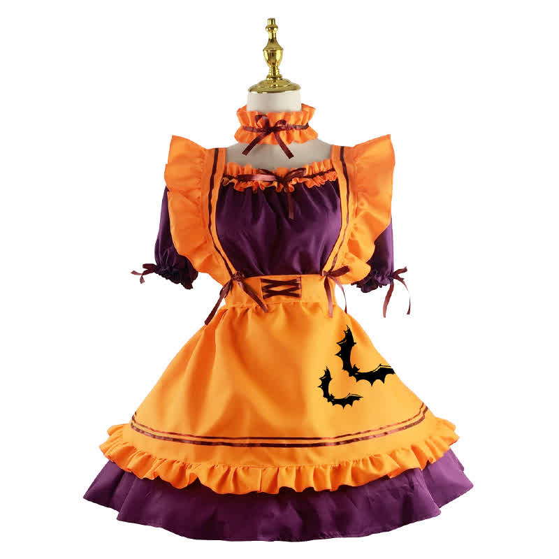 Cute Bat Embroidery Lace Up Ruffled Maid Dress