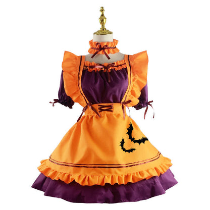 Cute Bat Embroidery Lace Up Ruffled Maid Dress