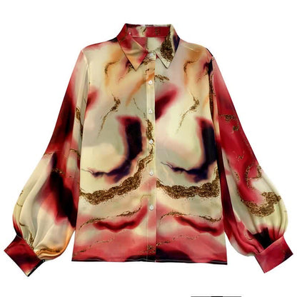 Fashion Colorblock Tie-dye Print Puff Sleeve Shirt