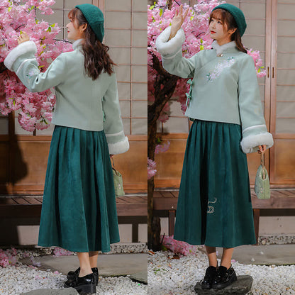 Green Floral Bow Knot Coat Pleated Skirt Vintage Set