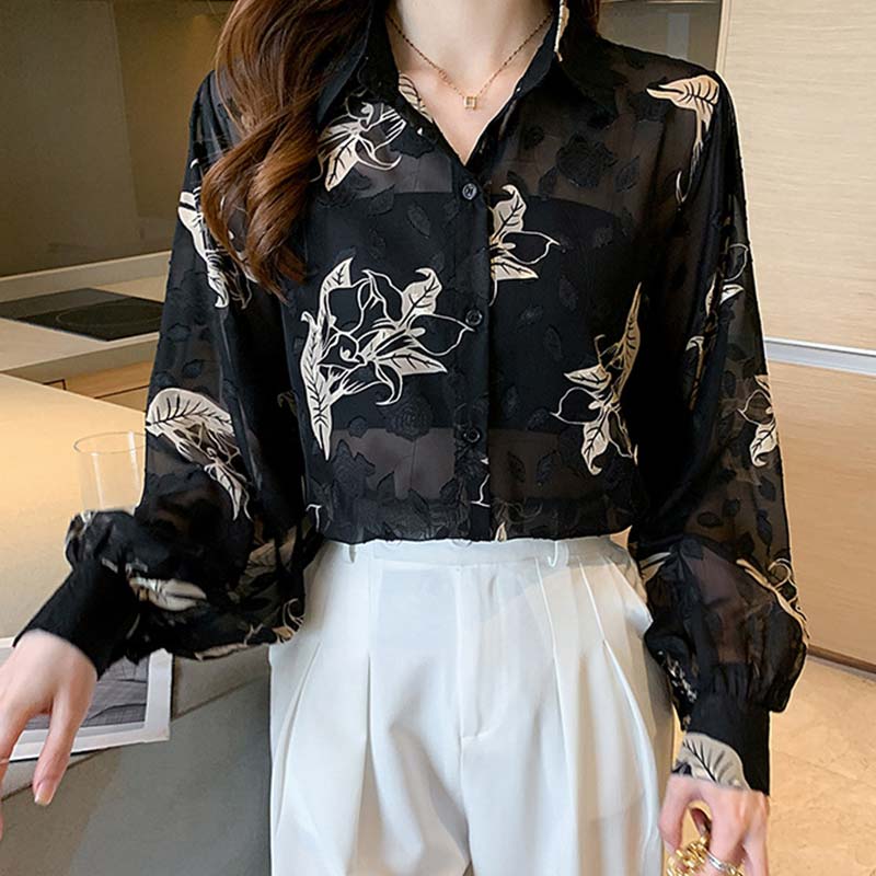 Black Floral Print Puff Sleeve Chiffon Shirt