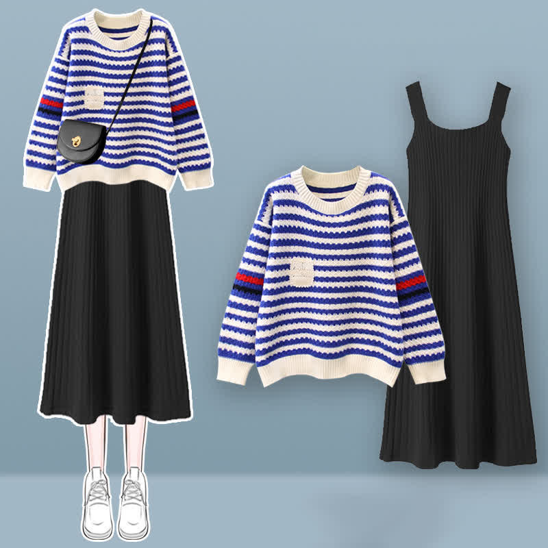 Stripe Colorblock Knit Sweater Slip Dress Set