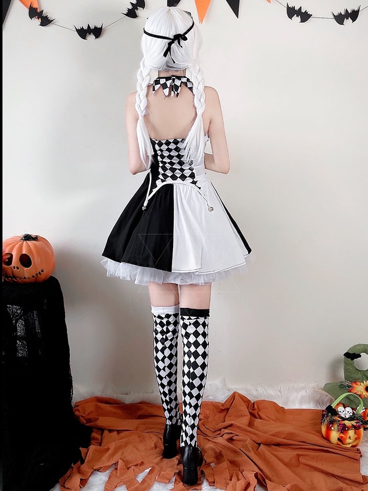 Halloween Black White Clown Costume Top and Skirt