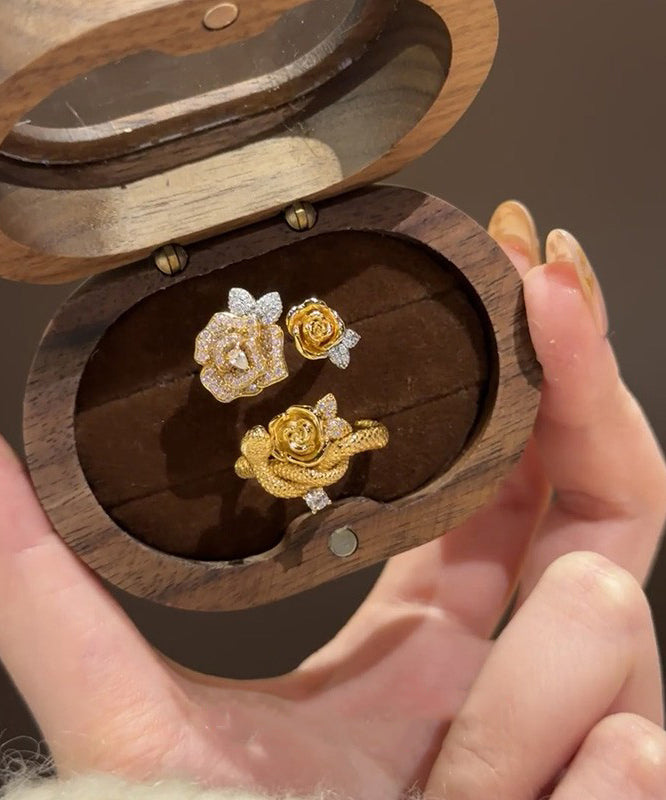 Snake Gold Floral Rings Zircon Set Two Antique Piece