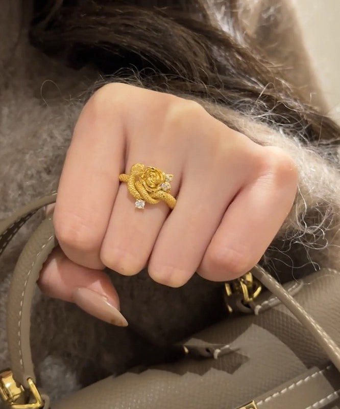 Snake Gold Floral Rings Zircon Set Two Antique Piece