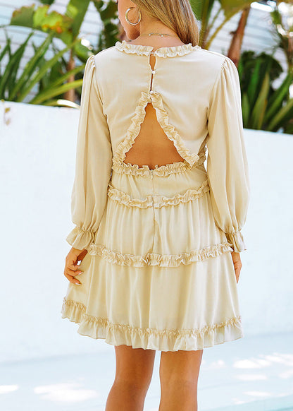 Fall Solid Neck Slim Mid Dress V Apricot