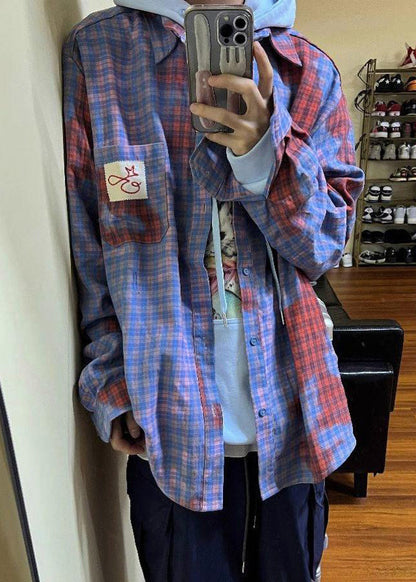 Men Cotton Plaid Spring Art Asymmetrical Shirts Pockets