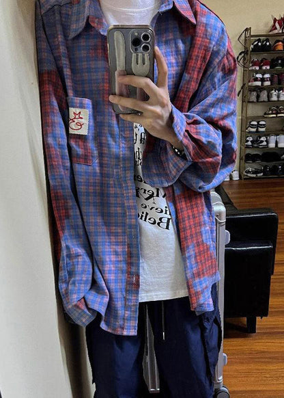 Men Cotton Plaid Spring Art Asymmetrical Shirts Pockets