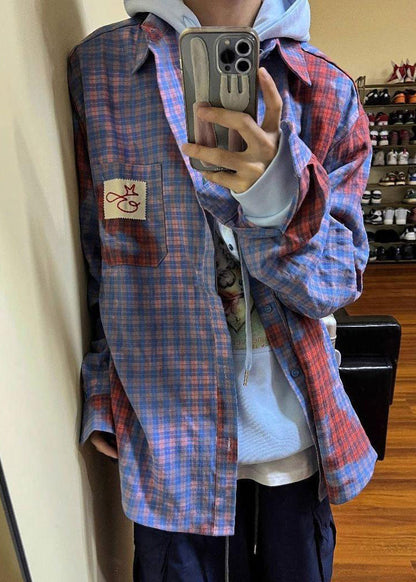 Men Cotton Plaid Spring Art Asymmetrical Shirts Pockets