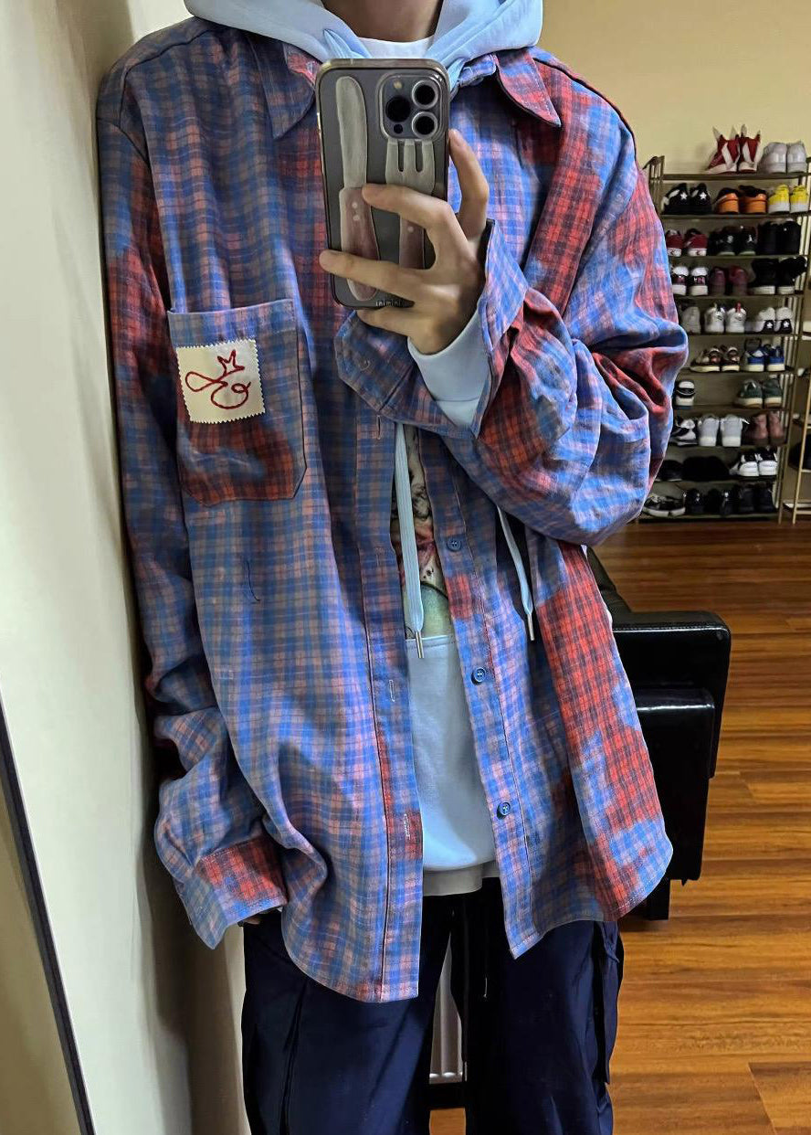 Men Cotton Plaid Spring Art Asymmetrical Shirts Pockets