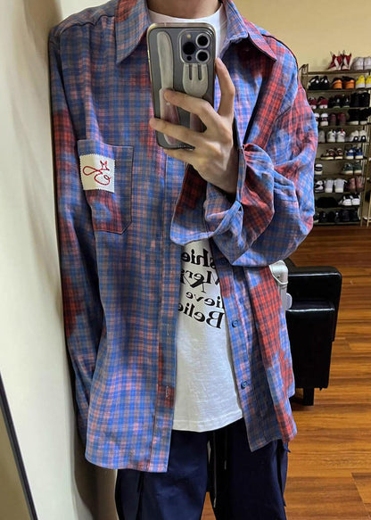 Men Cotton Plaid Spring Art Asymmetrical Shirts Pockets