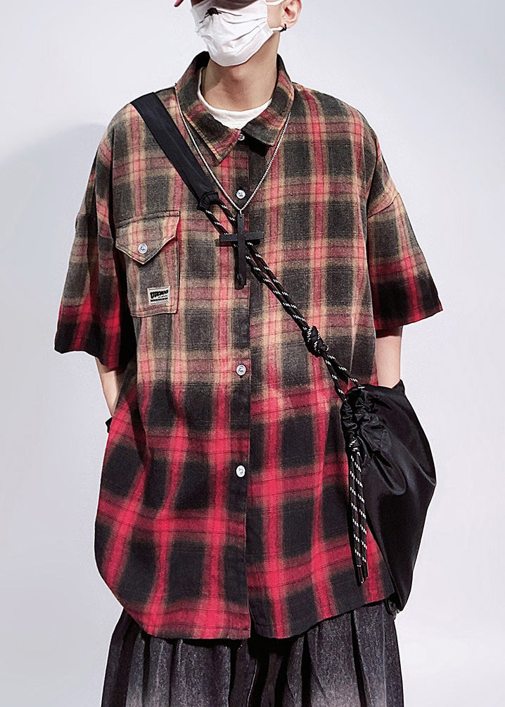 Half Pockets Art Mens Shirts Cotton Oversized Red Sleeve Plaid