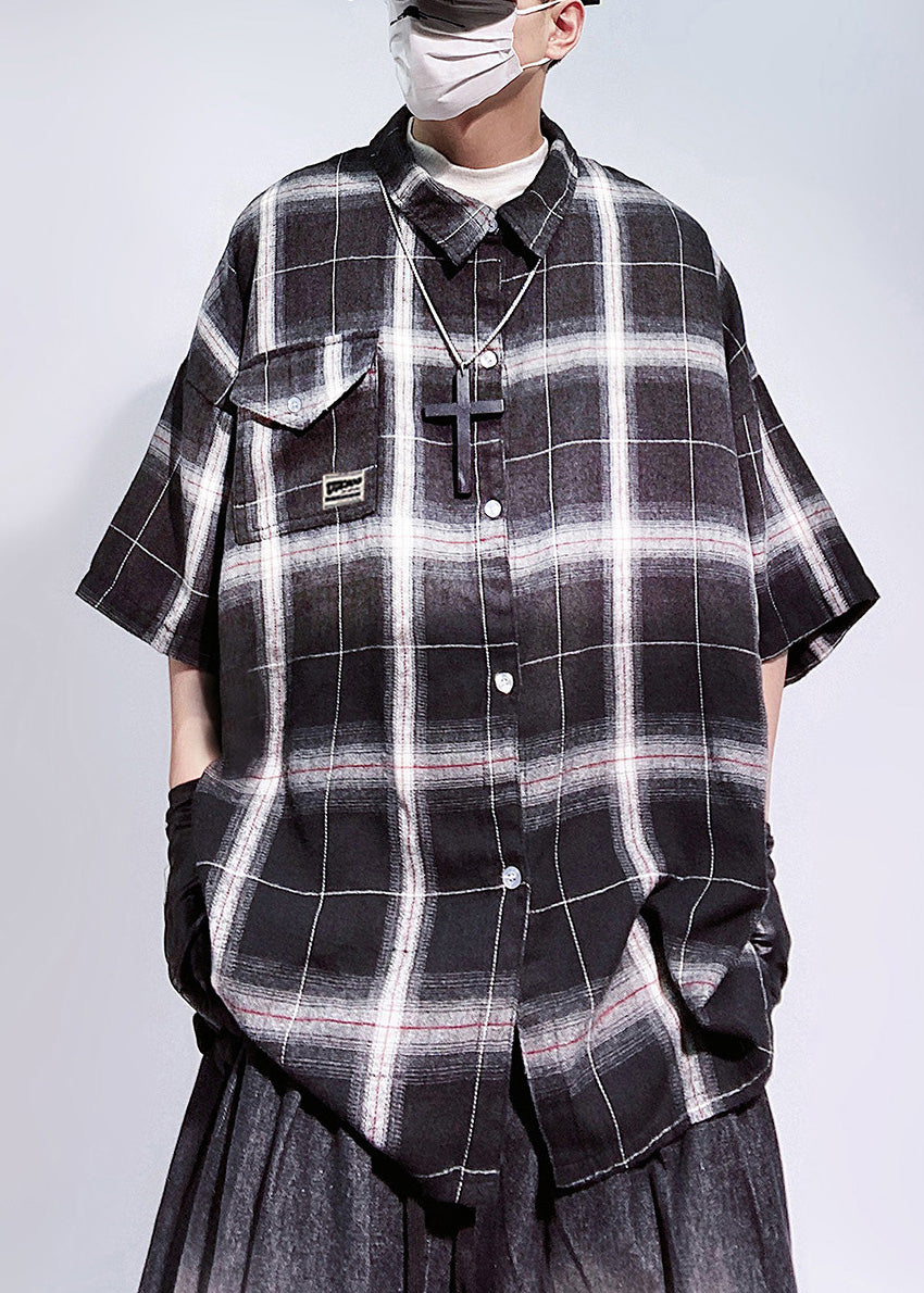 Half Pockets Art Mens Shirts Cotton Oversized Red Sleeve Plaid