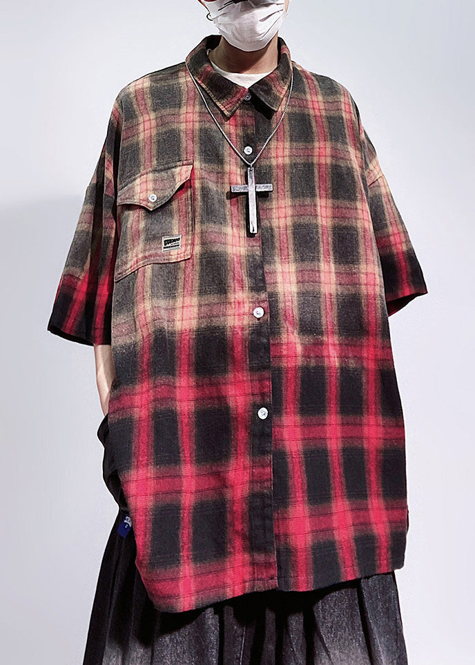 Half Pockets Art Mens Shirts Cotton Oversized Red Sleeve Plaid