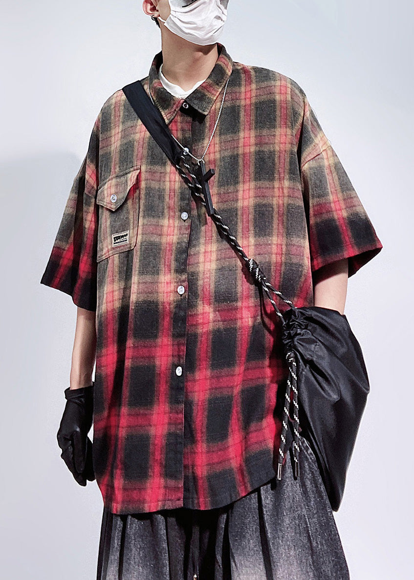 Half Pockets Art Mens Shirts Cotton Oversized Red Sleeve Plaid