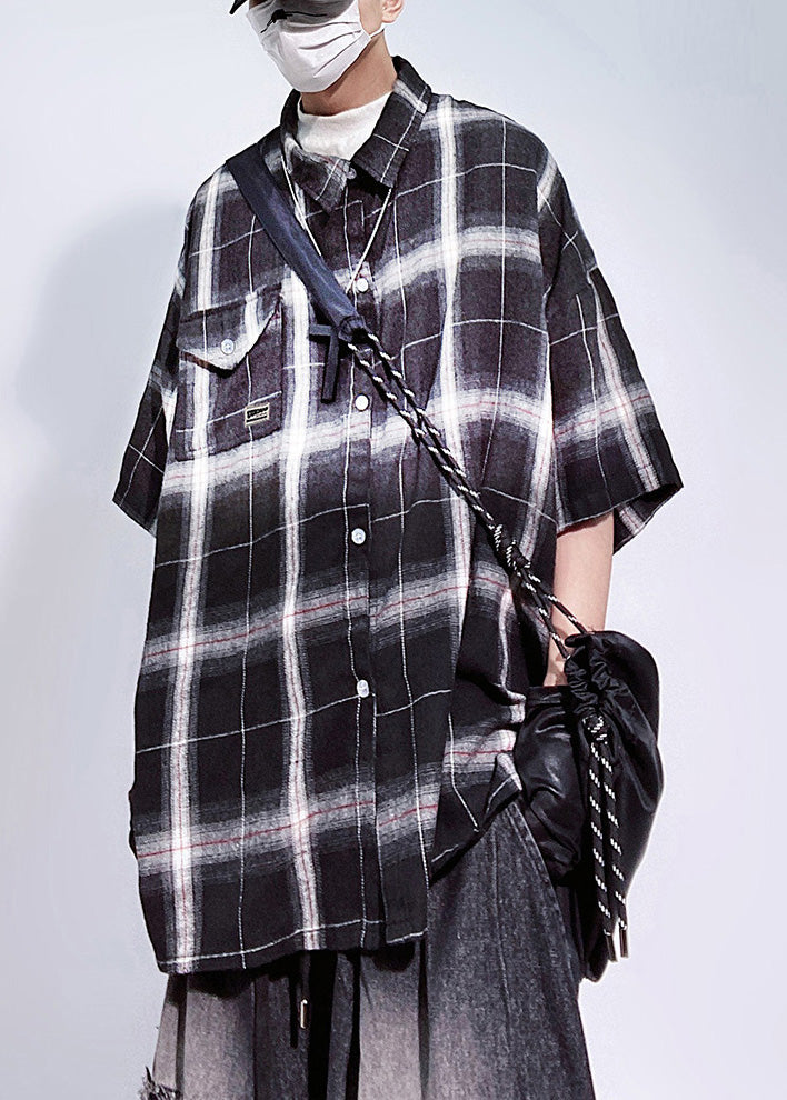 Half Pockets Art Mens Shirts Cotton Oversized Red Sleeve Plaid