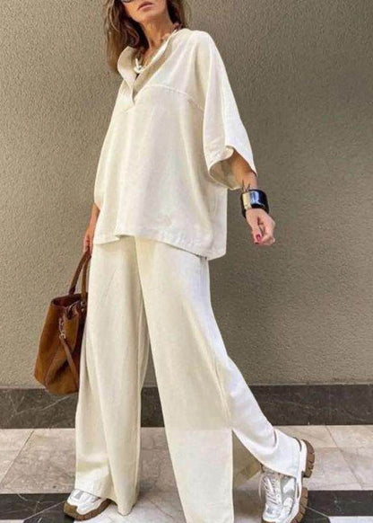 Two Wide Art White Patchwork Pants O-Neck And Leg Set Pieces Top