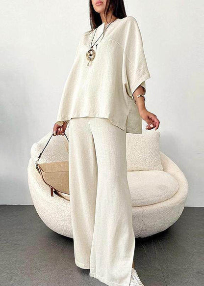 Two Wide Art White Patchwork Pants O-Neck And Leg Set Pieces Top