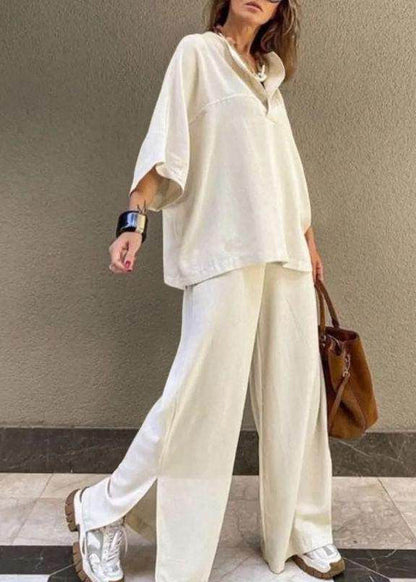 Two Wide Art White Patchwork Pants O-Neck And Leg Set Pieces Top