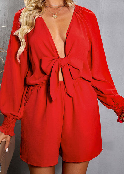 Jumpsuit Beautiful Red V Patchwork Fall Neck Solid
