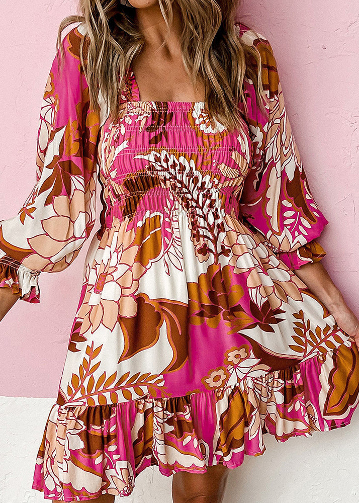 Wrinkled Dress Rose Beautiful Mid Square Collar Fall