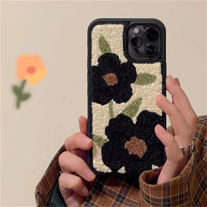 Black Flower Fuzzy iPhone Case