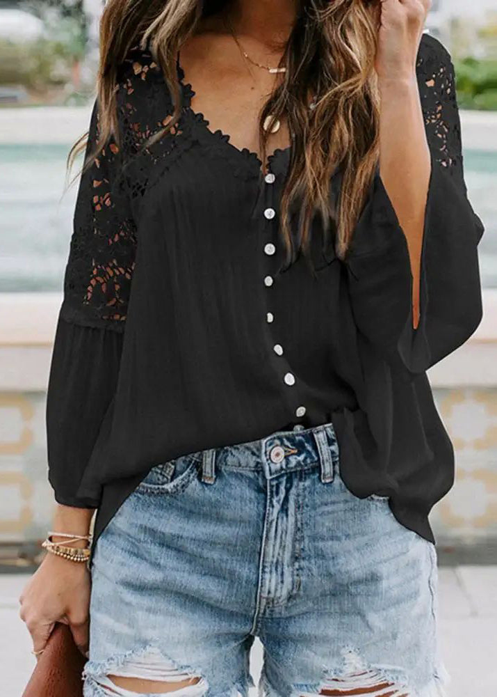 Black Tops Out Hollow Fall V Neck Solid