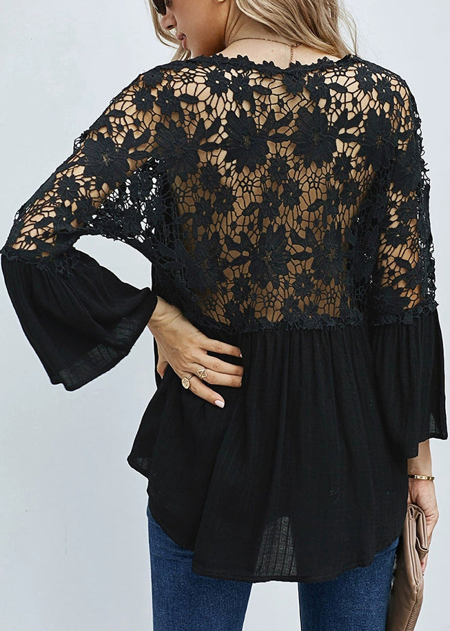 Black Tops Out Hollow Fall V Neck Solid