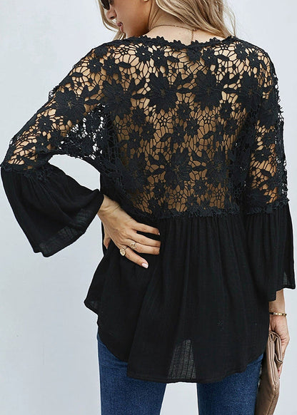 Black Tops Out Hollow Fall V Neck Solid