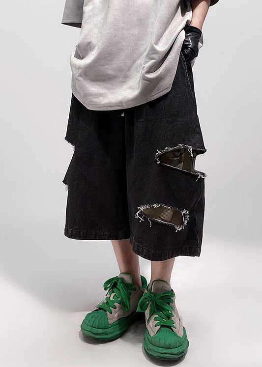 Shorts Oversized Black Pockets Denim Summer Elastic Men Waist