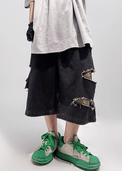 Shorts Oversized Black Pockets Denim Summer Elastic Men Waist