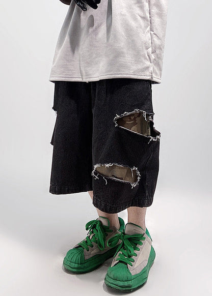 Shorts Oversized Black Pockets Denim Summer Elastic Men Waist