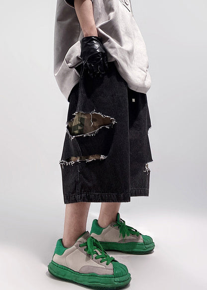 Shorts Oversized Black Pockets Denim Summer Elastic Men Waist