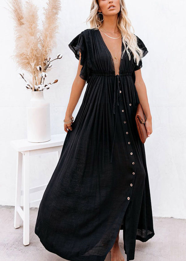 Patchwork Summer Dress Black Ruffled Solid Long