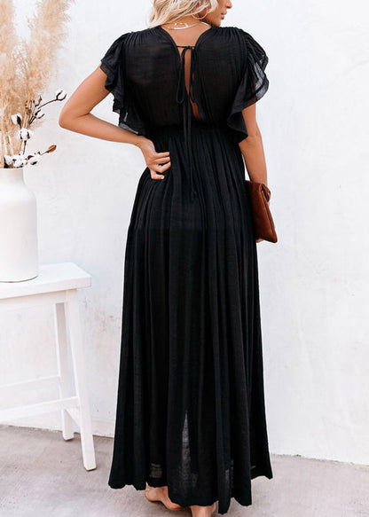 Patchwork Summer Dress Black Ruffled Solid Long
